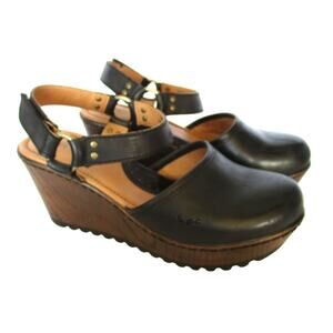 B.O.C. by Born Rina Metal Harness Ankle Strap Black Leather Wedge Clogs Women 7